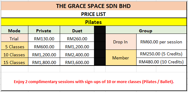 pilates pricelist